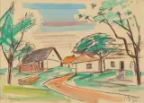 Dorf mit Holzlager by Jaroslav Grus, 1974, mixed media, offered Dec 2022