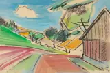 Landschaft mit Dorf im Vordergrund by Jaroslav Grus, 1974, mixed media, offered Dec 2022