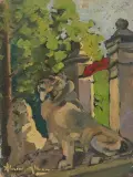 Studie eines Eingangstores mit zwei Löwenskulpturen by Alexandre Altmann, oil, sold Dec 2022