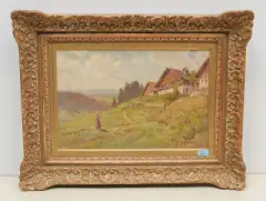Chalets mit Bauern bei der Heuernte by Émile Isenbart, oil on canvas, sold Dec 2022