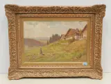 Chalets mit Bauern bei der Heuernte by Émile Isenbart, oil on canvas, sold Dec 2022