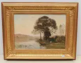 Flusslandschaft mit Boot by Louis Aimé Japy, oil on canvas, sold Dec 2022