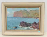 Küstenlandschaft mit Segelbooten by Paul Kutscha, oil on board, offered Dec 2022