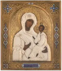 Russisch, Ende 19.Jh by Gottesmutter von Tichwin mit Silberbasma und Perlenoklad, tempera, sold Dec 2022