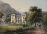 Interlaken, die Pension Ober genannt "Schlösschen", mit Blick auf die Jungfrau by Ulrich Burri, watercolor, sold Dec 2022