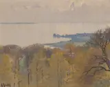 Blick von einer Anhöhe auf den Genfersee by Fernand Gaulis, oil on board, sold Dec 2022