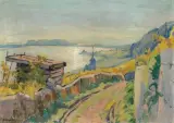 Blick auf den Bielersee und die Kirche von Ligerz, 1928 by Ernst Geiger, oil on canvas, sold Dec 2022