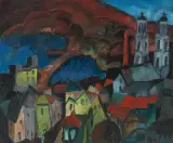 Zürich mit Grossmünster und Quaibrücke, 1955 by Friedrich Kuhn, oil on canvas, sold Dec 2022