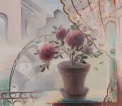 Rosen auf dem Balkon by André Evard, oil, sold Dec 2022