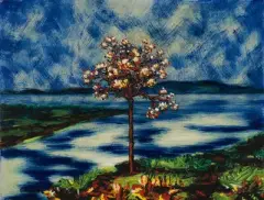 Blühendes Bäumchen vor Seelandschaft by André Evard, oil on board, sold Dec 2022