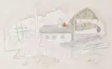 Bauernhof mit Hühnern by Alois Carigiet, 1972, watercolor, offered Dec 2022