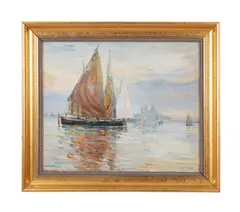 Venetian Sailboats" first quarter 20th century by Caleb Arnold Slade, oil on canvas, sold Jun 2023