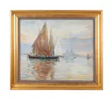 Venetian Sailboats" first quarter 20th century by Caleb Arnold Slade, oil on canvas, sold Jun 2023