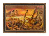 Harbor Sunset," mid 20th century by Forrest Jacobs, oil on canvas, sold Aug 2023
