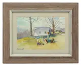 Untitled by Virginia Helena Gruppé, watercolor on paper landscape with figures, sold Aug 2023