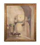 Orientalist painting "Kasbah Figural Street Scene by J. Allen St. John, oil on canvas, sold Aug 2023