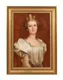 Portrait of a Lady in a White Dress" late 19th century by Charles Frederick Naegele, oil on mahogany panel, sold Aug 2023