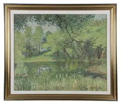 Sunlit Lake Landscape by Joseph Eliot Enneking, oil on canvas, sold Aug 2025