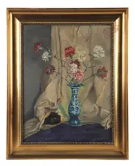 Still life painting depicting flowers in a blue and white vase by Karl Hemmerlein, oil on canvas, sold Aug 2025