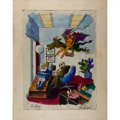 Therapy Session by Bernard Kilban, ink and watercolor on paper, sold Sep 2022