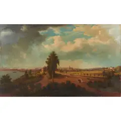 View of Albany from North with Robert Fulton's Steamboat North River later Clermont by Alexander Robertson, 1807, oil on canvas, sold Aug 2022
