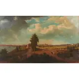 View of Albany from North with Robert Fulton's Steamboat North River later Clermont by Alexander Robertson, 1807, oil on canvas, sold Aug 2022