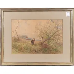 Children in Landscape by J. C. Thom, watercolor, sold Aug 2022