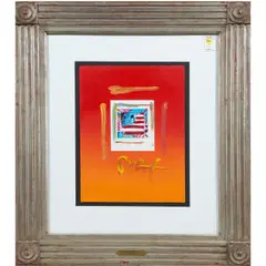 Flag With Heart," circa by Peter Max, lithograph with acrylic embellishments, sold Aug 2022