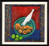 Still Life with Fruit and Bird by Johann van Heerden, acrylic on paper, sold Mar 2024