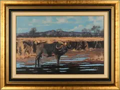 Buffalo by Nico Coetzee, oil on canvas mounted on board, sold Mar 2024