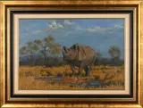 Rhino by Nico Coetzee, oil on canvas mounted on board, sold Mar 2024