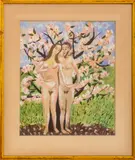 Adam and Eve Against the Apple Blossoms by Rifka Angel, 1961, Gouache on Paper, sold Jun 2024