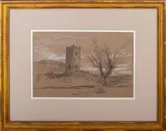 Tower in a Landscape by Elihu Vedder, Charcoal on Paper, sold Jun 2024