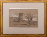 Tower in a Landscape by Elihu Vedder, Charcoal on Paper, sold Jun 2024