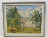 Sommerliche Alplandschaft mit verschneitem Gebirgszug by Hodel, Ernst Ii., oil on canvas, offered Dec 2022