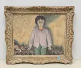 Mädchen mit Katze, 1984 by Walter Sautter, oil on paper, sold Dec 2022