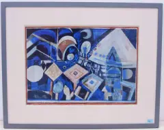Blaue Landschaft by Hans Rudolf Strupler, mixed media, offered Dec 2022