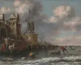 Eisläufer und Schlittenfahrer vor einer Stadt by Thomas Heeremans, 1675, oil on panel, offered Sep 2022