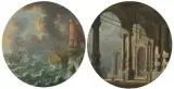 zugeschrieben Gegenstücke: Schiffe im Sturm vor der Küste / Halle eines Palastes am Meer by Orazio Grevenbroeck, oil on copper, sold Sep 2022