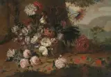 Blumenstillleben in einer Landschaft by Südniederlande, 18.Jh., oil on canvas, sold Sep 2022