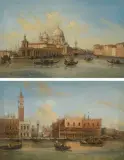 Gegenstücke: Ansicht von Venedig mit dem Markusdom und dem Dogenpalast / mit der Dogana und der Kirche von S. Maria della Salute by Carlo Grubacs, oil on canvas, sold Sep 2022
