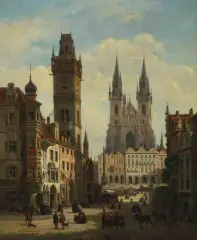 Ansicht vom alten Prag mit der Kirche der Jungfrau Maria vor dem Teyn by Emile Pierre Joseph De Cauwer, 1862, oil on canvas, sold Sep 2022