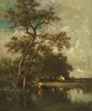 Die grosse Eiche bei einem Teich by Jules Dupré, oil on canvas, sold Sep 2022