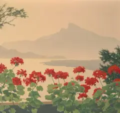 Blick auf den Mondsee von einem Balkon mit Geranien aus by Felix Heuberger, oil on board, sold Sep 2022
