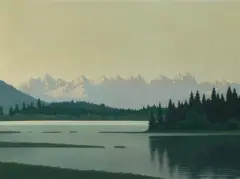 Seenlandschaft mit Dolomiten by Felix Heuberger, oil on board, sold Sep 2022