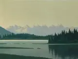 Seenlandschaft mit Dolomiten by Felix Heuberger, oil on board, sold Sep 2022