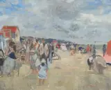Eugénie coiffe ses longs cheveux bruns auprès du landau by François Gall, oil on canvas, sold Sep 2022
