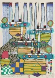 Pacific Streamer by Friedensreich Hundertwasser, 1985, color woodcut, sold Sep 2022