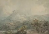 Blick von einem Flusstal auf einen Gebirgszug by Johann Jakob Laurenz Billwiller, watercolor, sold Sep 2022