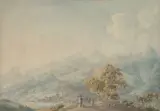 Tallandschaft mit Gebirgszug by Johann Jakob Laurenz Billwiller, watercolor, sold Sep 2022